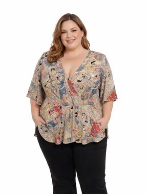 City Chic Floral Faux-Wrap Peplum Top